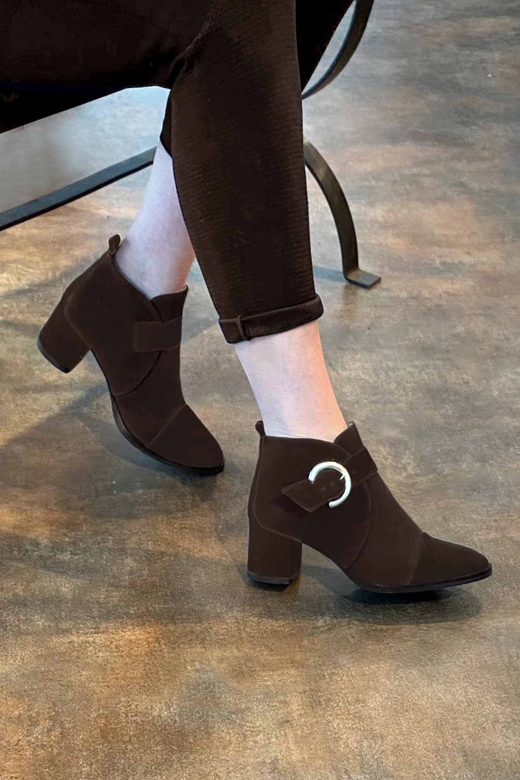 Dark brown women's ankle boots with buckles at the front. Round toe. Medium block heels. Worn view - Florence KOOIJMAN